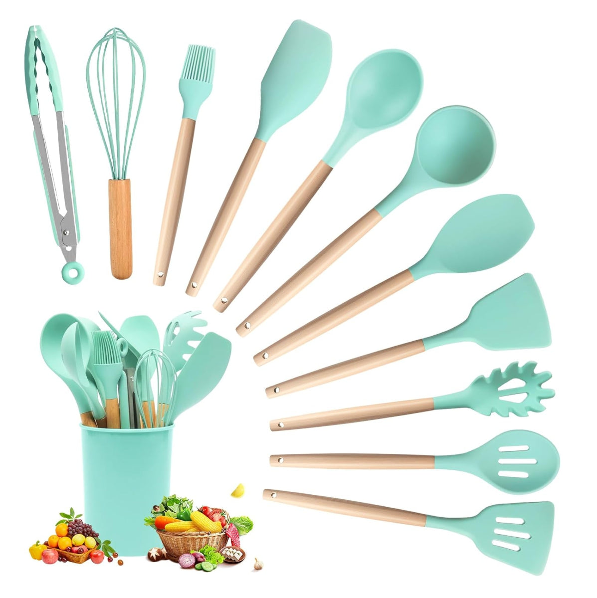 Set de Utensilios de Cocina de Silicona con Mango de Madera + Contenedor 12pcs