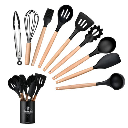 Set de Utensilios de Cocina de Silicona con Mango de Madera + Contenedor 12pcs