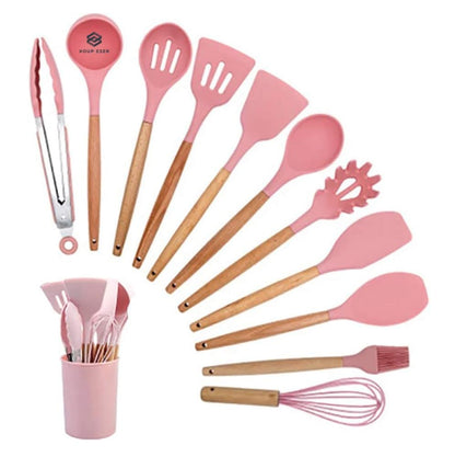 Set de Utensilios de Cocina de Silicona con Mango de Madera + Contenedor 12pcs