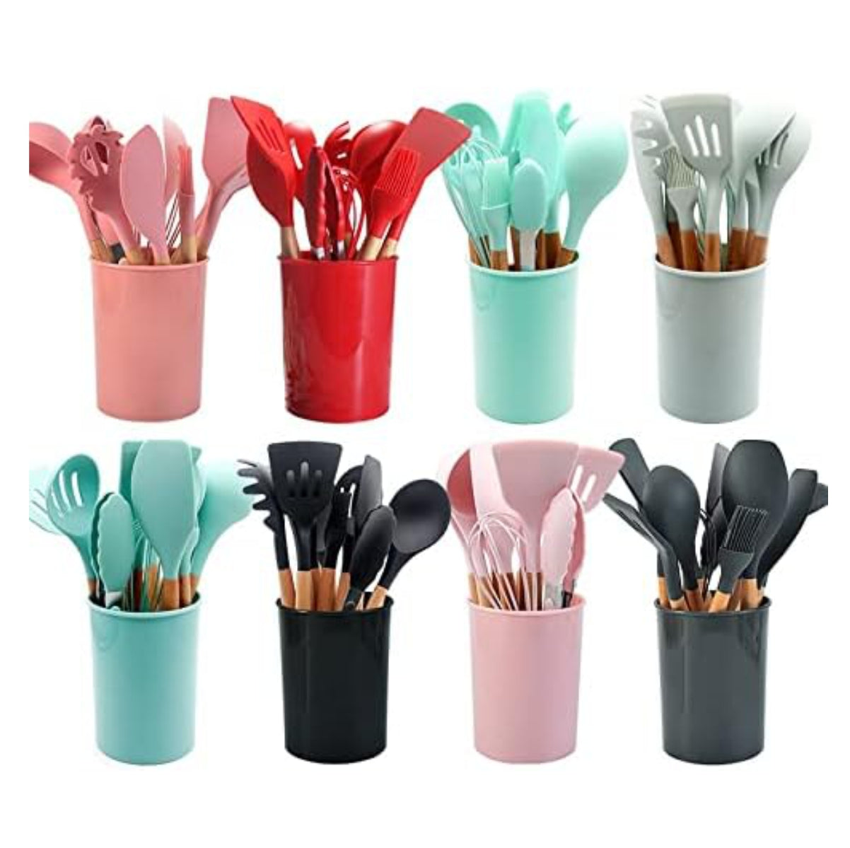 Set de Utensilios de Cocina de Silicona con Mango de Madera + Contenedor 12pcs