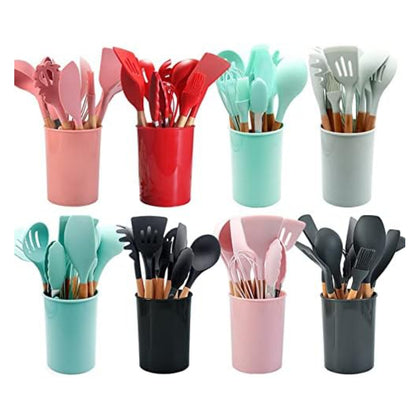 Set de Utensilios de Cocina de Silicona con Mango de Madera + Contenedor 12pcs