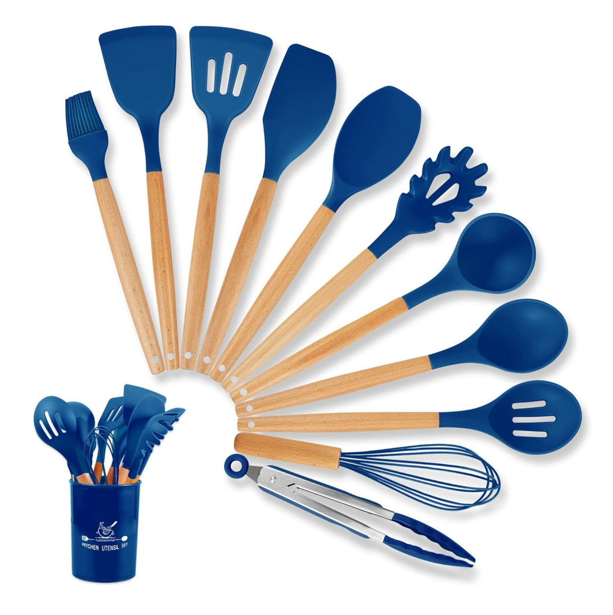 Set de Utensilios de Cocina de Silicona con Mango de Madera + Contenedor 12pcs