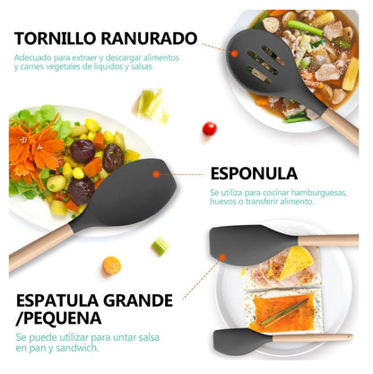 Set de Utensilios de Cocina de Silicona con Mango de Madera + Contenedor 12pcs