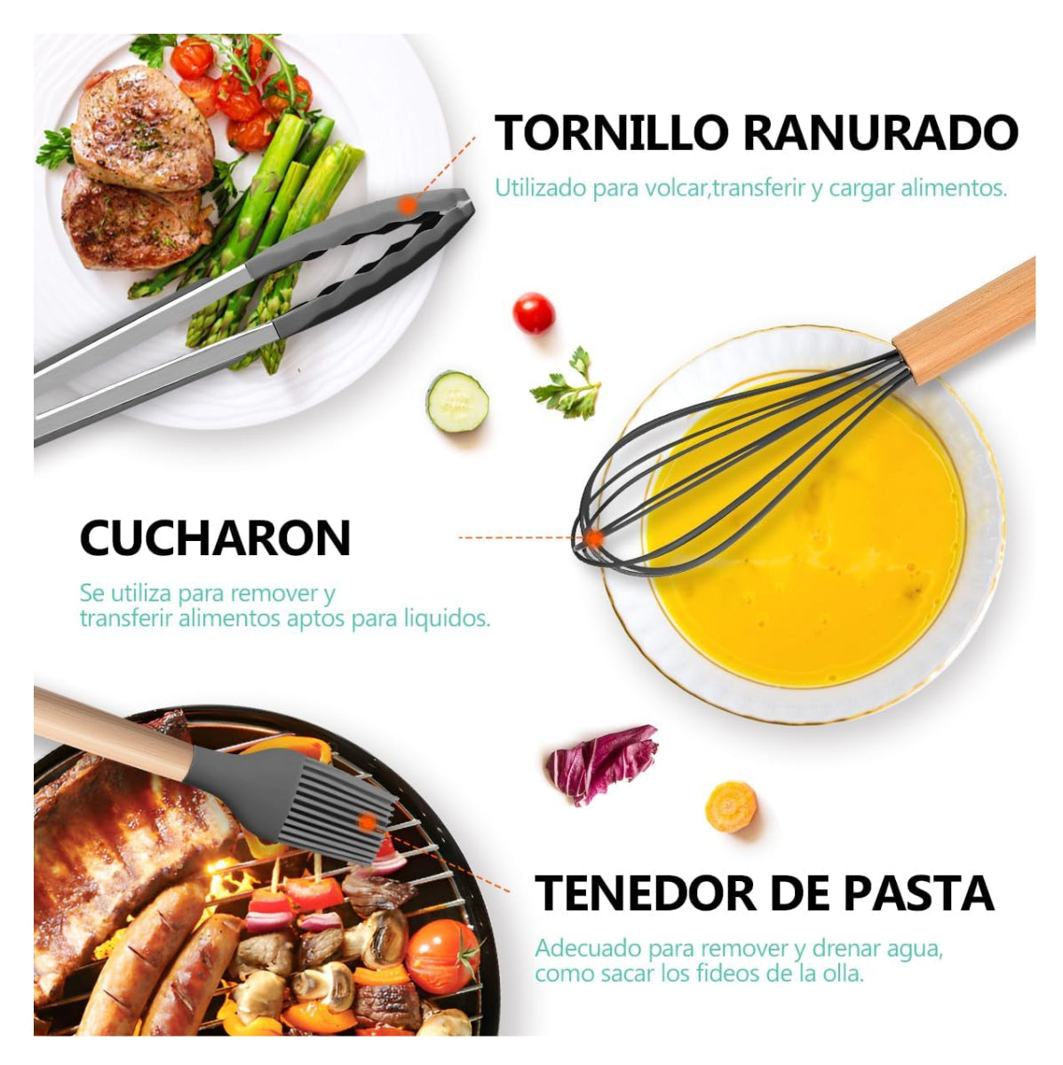 Set de Utensilios de Cocina de Silicona con Mango de Madera + Contenedor 12pcs
