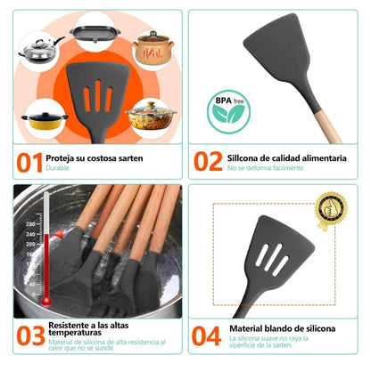Set de Utensilios de Cocina de Silicona con Mango de Madera + Contenedor 12pcs