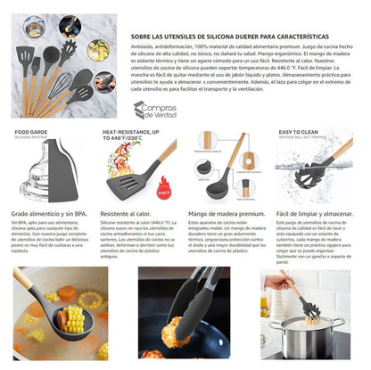 Set de Utensilios de Cocina de Silicona con Mango de Madera + Contenedor 12pcs